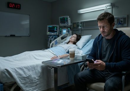 An exhausted firefighter sits beside his unconscious wife in a hospital room after receiving an insensitive late-night message from his sister.