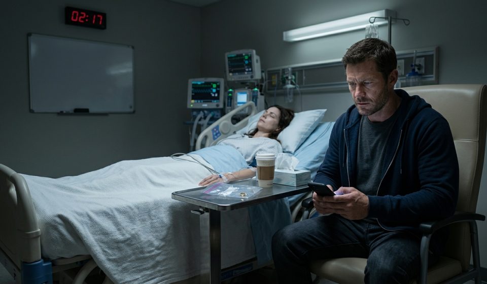 An exhausted firefighter sits beside his unconscious wife in a hospital room after receiving an insensitive late-night message from his sister.