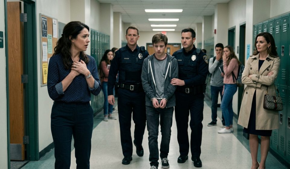 Mother watching police lead away her teenage son after her sister framed her son for hacking at his school.