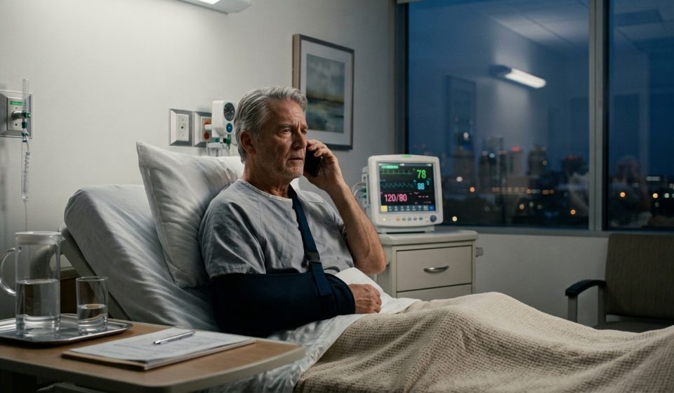 Injured father making a hospital phone call after his son ignored 97 calls while vacationing in the Maldives