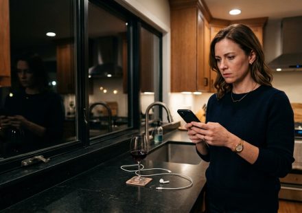 Woman checking her phone after her sister posted 14 humiliating photos in their family group chat.