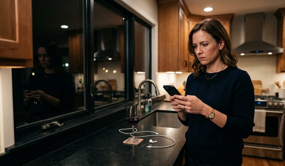 Woman checking her phone after her sister posted 14 humiliating photos in their family group chat.