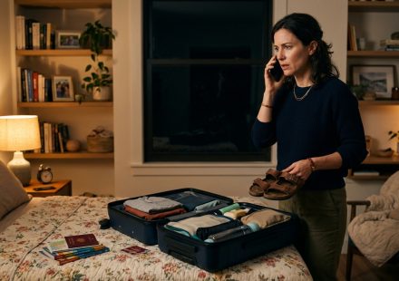 Woman packing beside an open suitcase as her mom told her to cancel Portugal trip plans to babysit her sister's children.