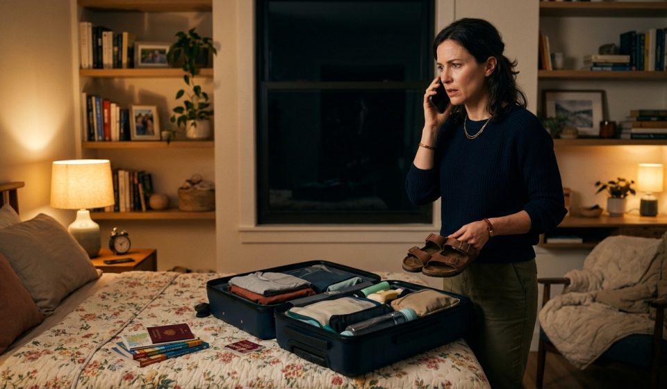 Woman packing beside an open suitcase as her mom told her to cancel Portugal trip plans to babysit her sister's children.