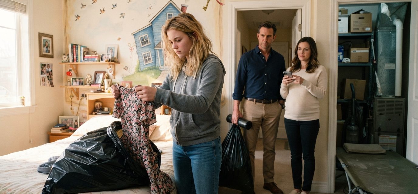 Teenage girl standing in her childhood bedroom as her father holds black trash bags and her stepmother films the confrontation.