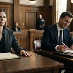 Husband signing divorce papers with a silver pen as Nora sits calmly across from him in court.