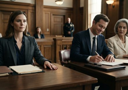 Husband signing divorce papers with a silver pen as Nora sits calmly across from him in court.