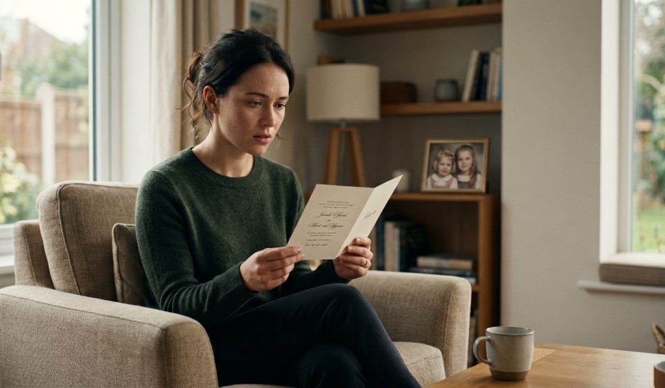 Woman holding a wedding invitation after her estranged sister invited her to her wedding