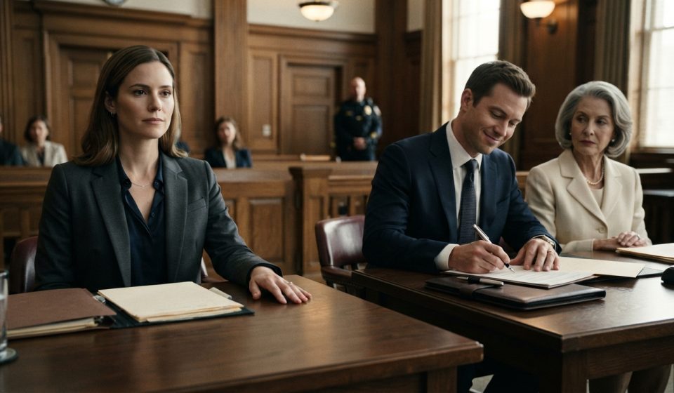 Husband signing divorce papers with a silver pen as Nora sits calmly across from him in court.