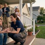 Mother comforting her seven-year-old son after he broke his wrist while his grandparents prepare for a family celebration