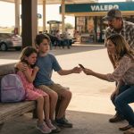 Two young kids left at a gas station sitting beside a purple backpack while a concerned couple helps them call their mother.