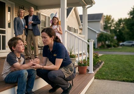 Mother comforting her seven-year-old son after he broke his wrist while his grandparents prepare for a family celebration