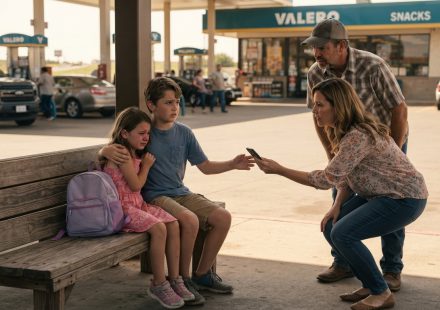 Two young kids left at a gas station sitting beside a purple backpack while a concerned couple helps them call their mother.