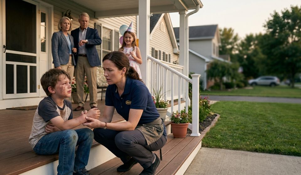 Mother comforting her seven-year-old son after he broke his wrist while his grandparents prepare for a family celebration