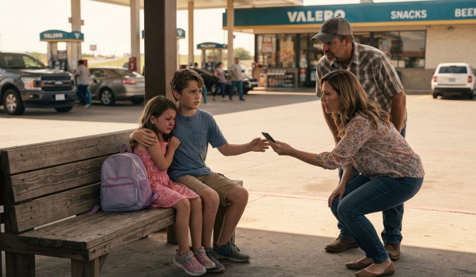 Two young kids left at a gas station sitting beside a purple backpack while a concerned couple helps them call their mother.