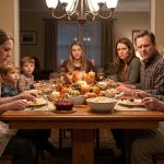Young woman paying rent to her parents faces Grandpa’s questions during a tense Thanksgiving family dinner