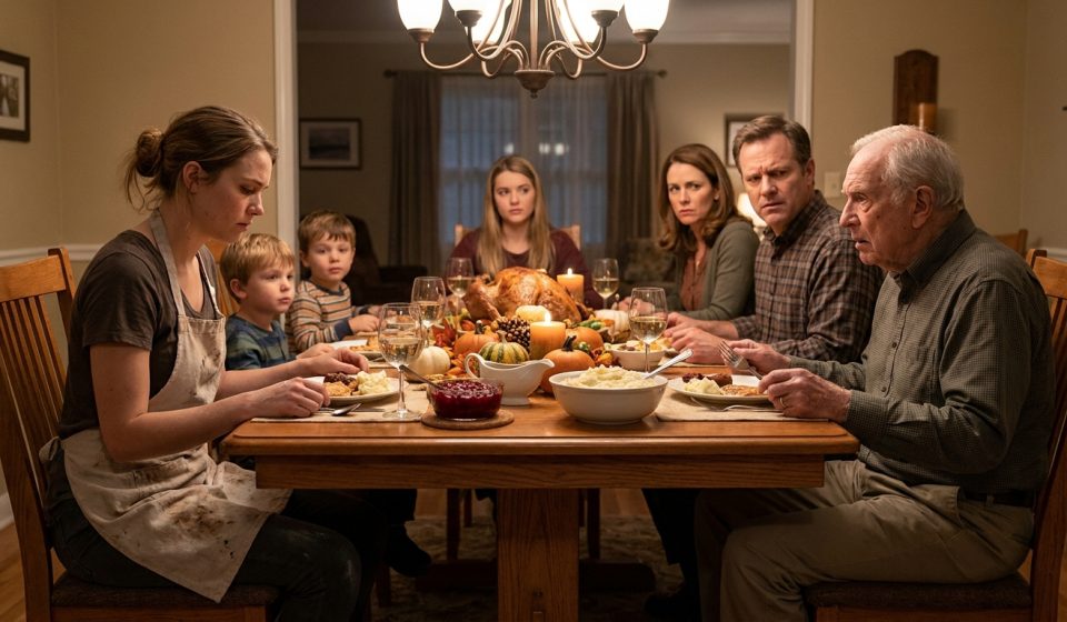 Young woman paying rent to her parents faces Grandpa’s questions during a tense Thanksgiving family dinner