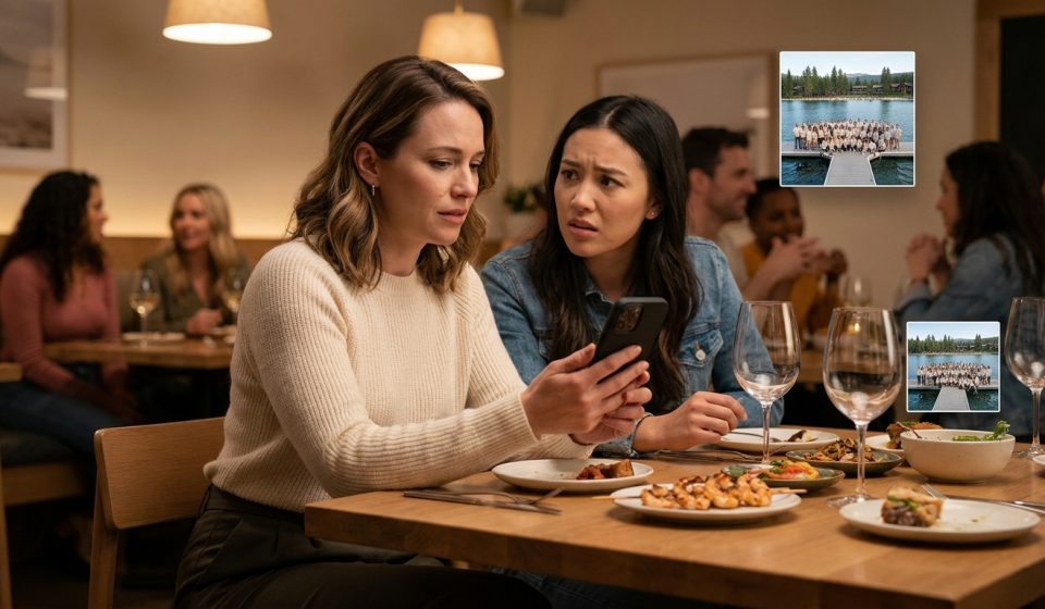 Clara discovers she was excluded from the family retreat while viewing a photo of the massive lakeside gathering on her friend's phone.