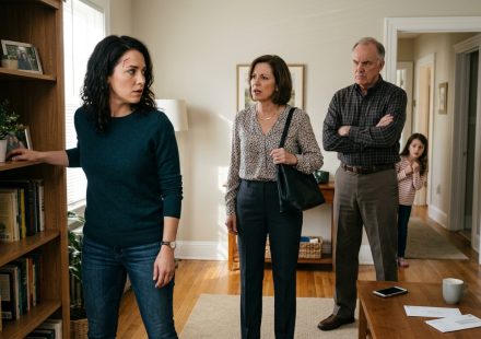 Parents demanding money for sister confront Nicole inside her home as her frightened young daughter watches from the doorway.