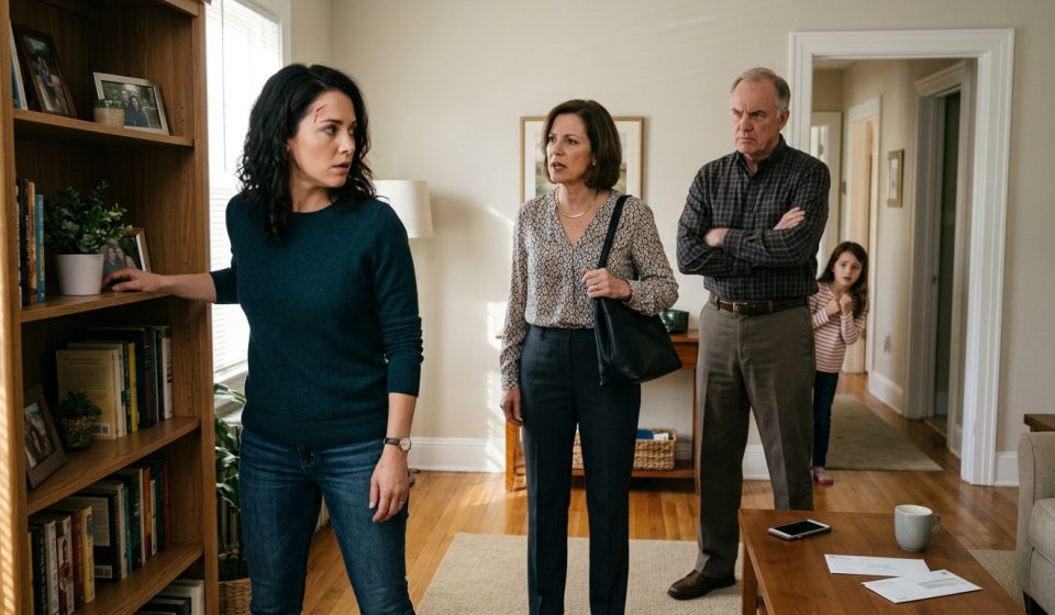 Parents demanding money for sister confront Nicole inside her home as her frightened young daughter watches from the doorway.