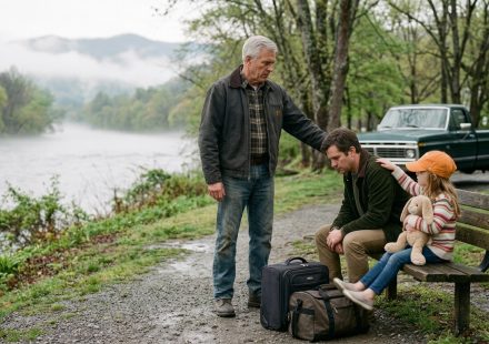 A father finds his son and young granddaughter sitting on a park bench with two suitcases after learning the father-in-law got his son fired.
