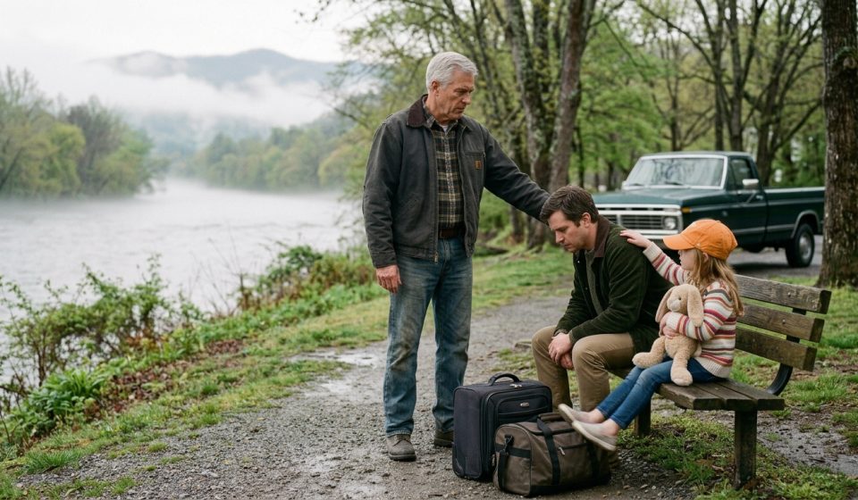 A father finds his son and young granddaughter sitting on a park bench with two suitcases after learning the father-in-law got his son fired.
