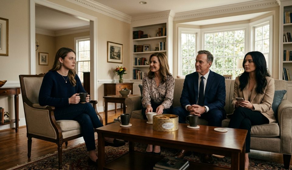 Virginia watches suspiciously as the parents who wanted her $3 million inheritance arrive at her home with cookies.