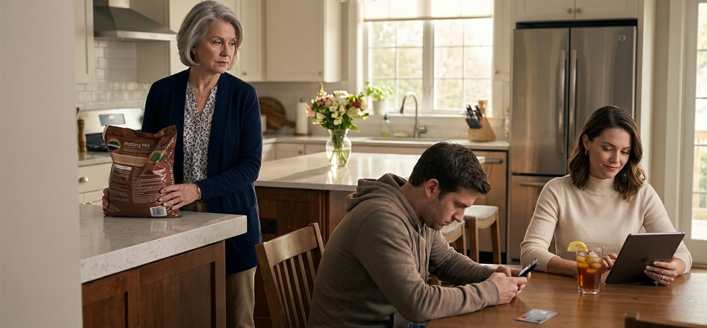 Son refused to help his mother as Crystal stands with a heavy bag of potting soil while Leo sits at her kitchen table.