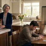Son refused to help his mother as Crystal stands with a heavy bag of potting soil while Leo sits at her kitchen table.