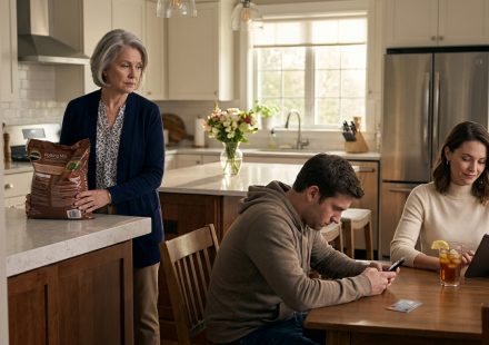 Son refused to help his mother as Crystal stands with a heavy bag of potting soil while Leo sits at her kitchen table.