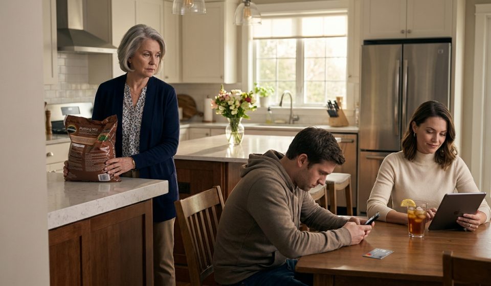Son refused to help his mother as Crystal stands with a heavy bag of potting soil while Leo sits at her kitchen table.