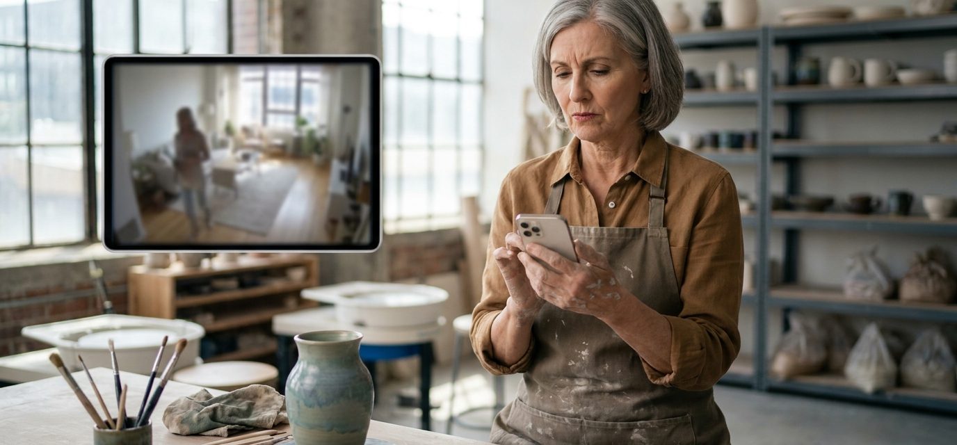 Lorraine checks her phone at pottery class after her daughter is caught on security camera inside her condo.