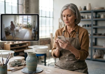 Lorraine checks her phone at pottery class after her daughter is caught on security camera inside her condo.