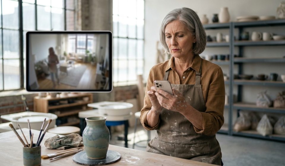 Lorraine checks her phone at pottery class after her daughter is caught on security camera inside her condo.