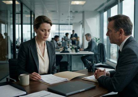 Professional employee realizing her manager undervalued her work during a tense salary review meeting