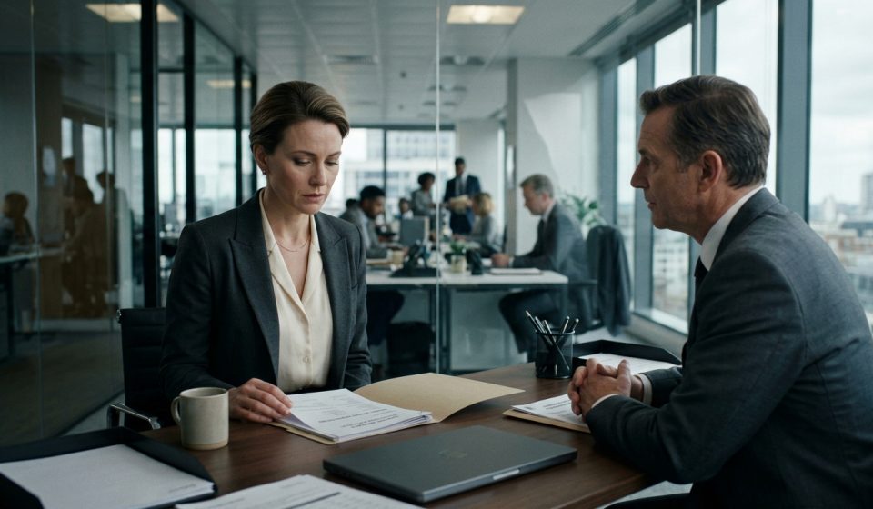 Professional employee realizing her manager undervalued her work during a tense salary review meeting