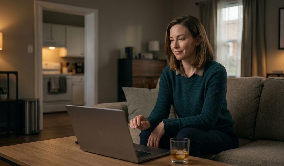 Ruby sitting alone in her apartment after she paid off $80,000 in student debt