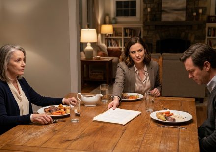 Mother reviewing an $85,000 home expansion proposal presented by her daughter during Sunday dinner