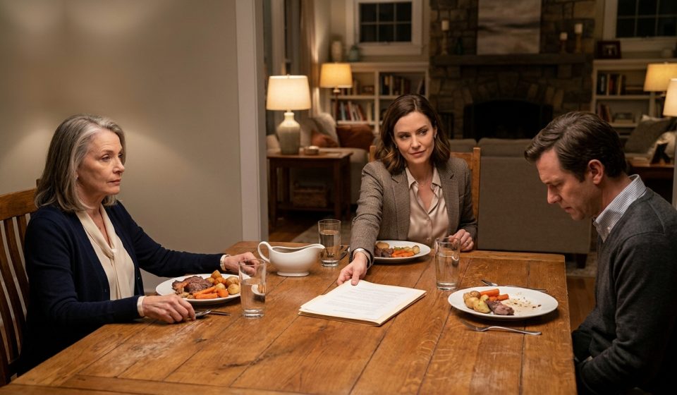 Mother reviewing an $85,000 home expansion proposal presented by her daughter during Sunday dinner