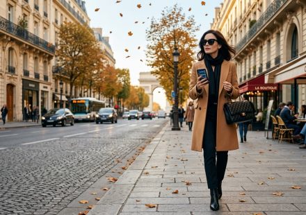 Woman banned from my mom's birthday walking confidently through Paris while ignoring repeated calls on her phone.