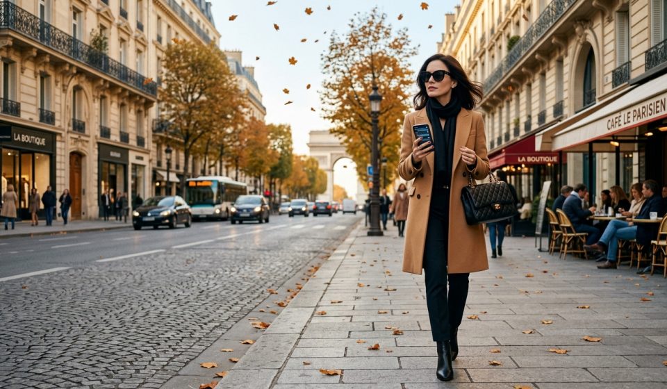 Woman banned from my mom's birthday walking confidently through Paris while ignoring repeated calls on her phone.