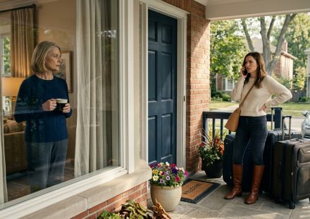 Daughter-in-law at my front door with three large suitcases while Sophia watches from inside her home