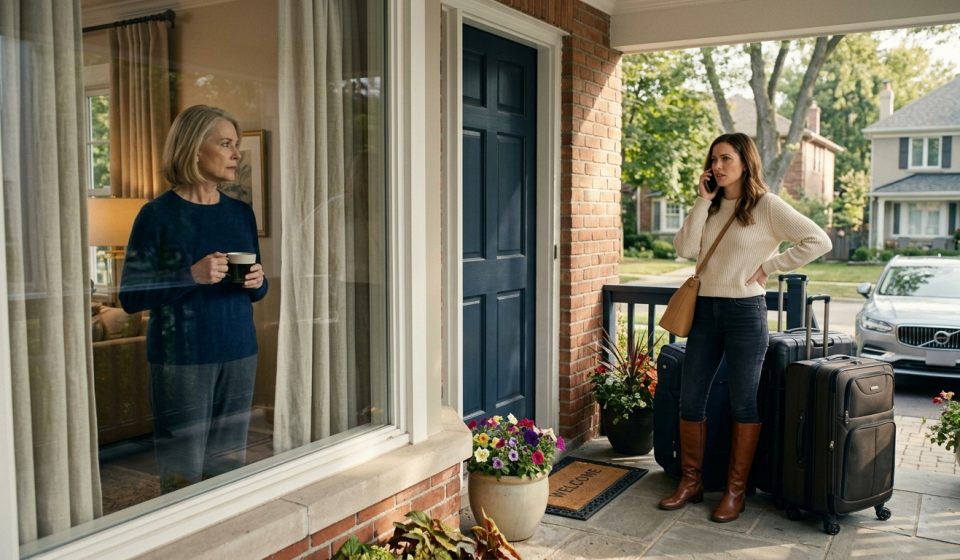 Daughter-in-law at my front door with three large suitcases while Sophia watches from inside her home