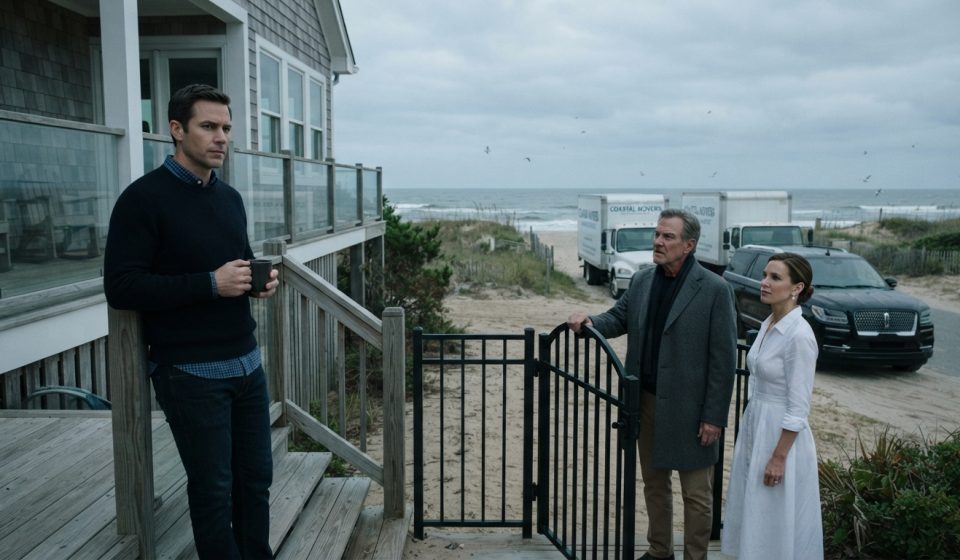 A man holding coffee as his father showed up at my beach house with two moving trucks and his sister waiting outside the gate.