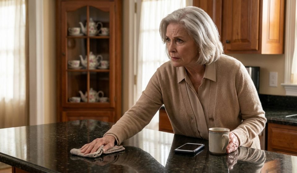 A 68-year-old widow standing in her kitchen after discovering her daughter-in-law accessing my money through their shared household account.