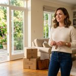 Vanessa holding the keys inside her newly purchased three-bedroom house with a terrace and flower-filled garden.