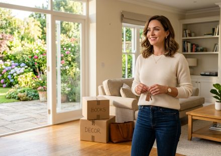 Vanessa holding the keys inside her newly purchased three-bedroom house with a terrace and flower-filled garden.