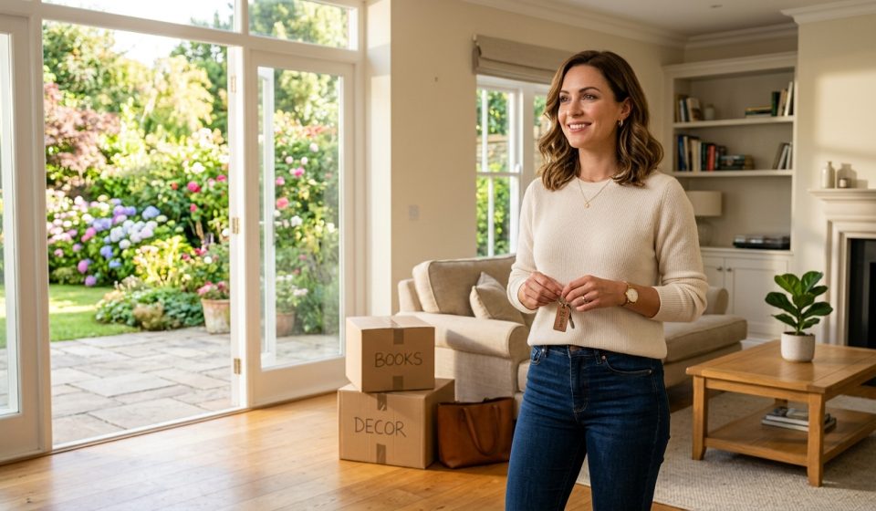 Vanessa holding the keys inside her newly purchased three-bedroom house with a terrace and flower-filled garden.