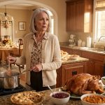 Dorothy standing stunned in her Thanksgiving kitchen after being told to eat in the den
