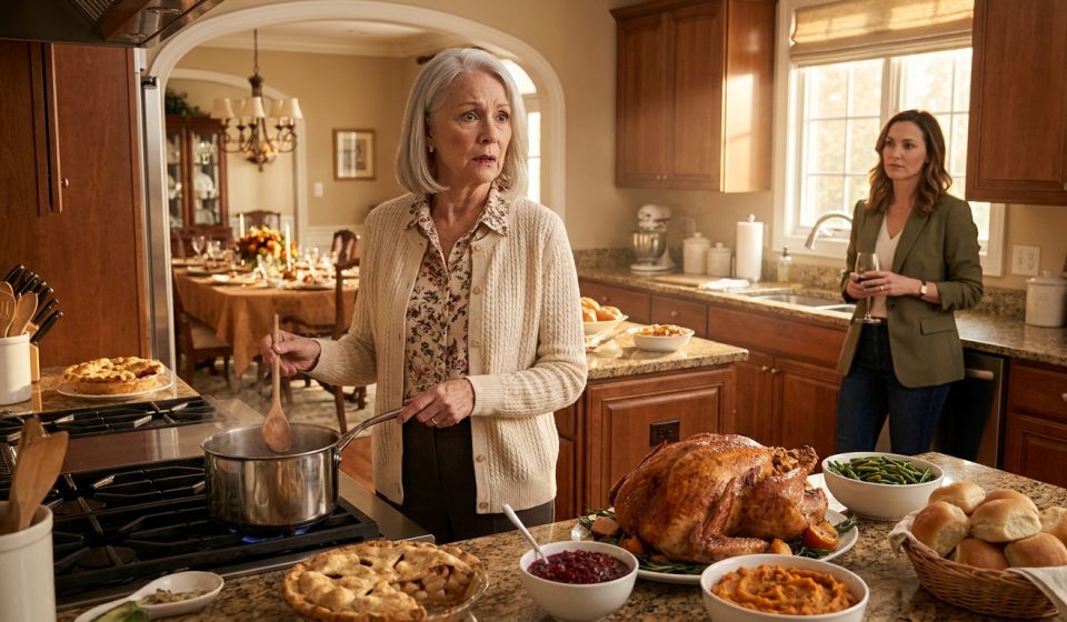 Dorothy standing stunned in her Thanksgiving kitchen after being told to eat in the den